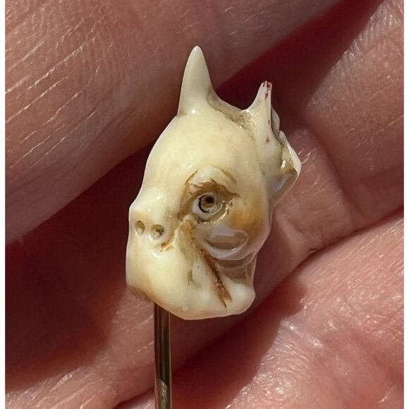 Antique Hand-Carved French Bulldog Head Hat Lapel Stick Pin Exquisite - Picture 10 of 10